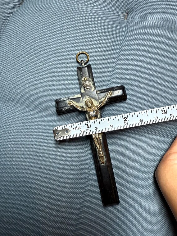 1900 Antique Art Nouveau Pendant Cross, Dark Wood With Bronze