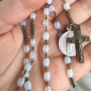 Vintage Rosary Germany Trier 1933 White Opal Beads Mary Medal Antique Metal Crucifix