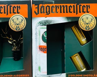 Jägermeister Limited, GOLDENER Ausgießen  , golden shot glasses , JAGERMEISTER Golden Pourer, 2 Goldene SHOTGLÄSER dispensers , Set x2