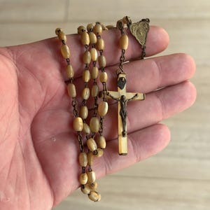 Antique Rosary , Germany 1910 1920 , Vintage Religious Metal  Crucifix , Virgin Mary Medal