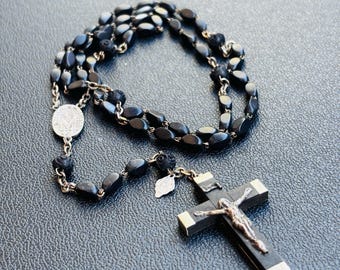 Vintage  French Black Wood Rosary Wood Crucifix France 19th , rare antique Virgin Mary rosary