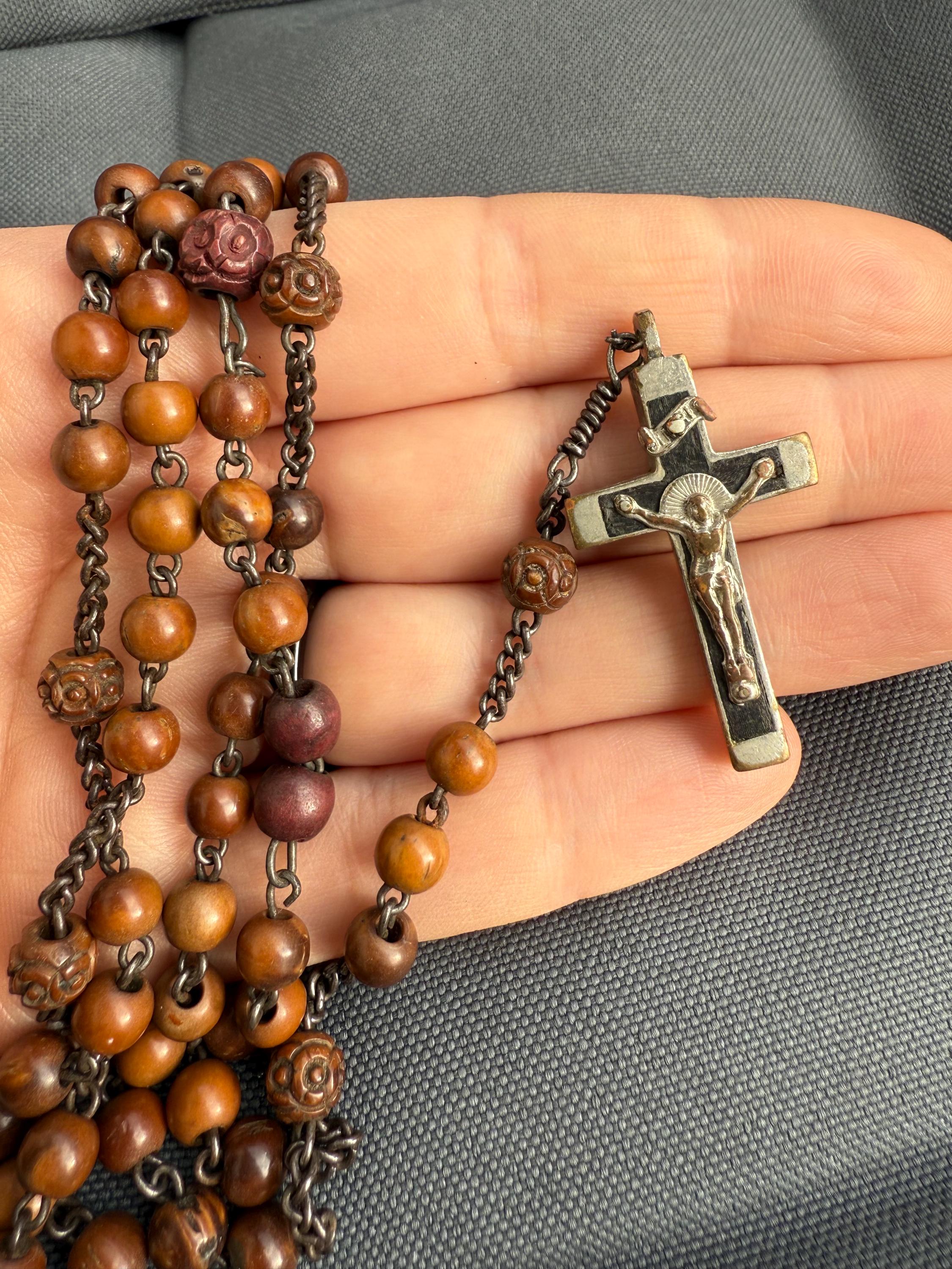 Antique German WWI Rosary With Brass Crucifix and Wooden Beads (RO