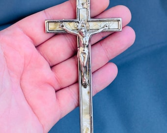 Antique Catholic crucifix: German metal crossbones, 1930s-1950s.