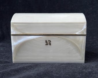 Vintage Mother of Pearl Jewelry Box, Mid-Century Inlay Trinket Keepsake Vanity Storage