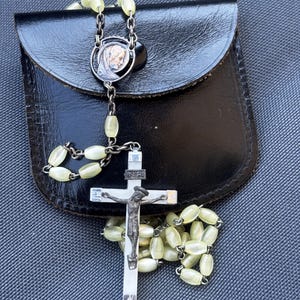Vintage Rosary, White Opalescent Beads, Metal Crucifix, Catholic Meditative Prayer, Italy 1900s , First Communion , case