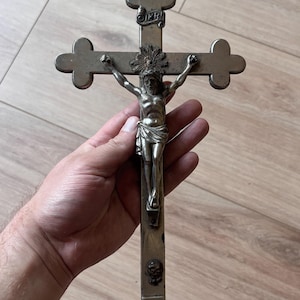 German brass big table crucifix 18/19 century. Old religious catholic decor, Jesus, Skull,