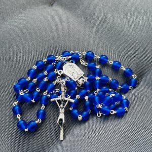 italian antique rosary beads , LOURDES EAUDE , italian beads sapphire color , real vintage jewelry