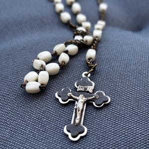 Vintage White Rosary White Mother Pearl , German metal crucifix, late 19th century , White Glass Beads