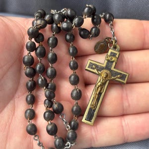 Antique WWI German Rosary,  Brass Crucifix & Wooden Beads