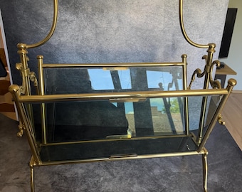 Vintage Brass and Smoked Glass Magazine Rack, Hollywood Regency Newspaper Holder, Mid-Century Modern Living Room Decor, Elegant Vinyl Record