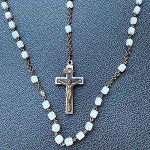 1800s Prayer Rosary , Antique Rosary Religious Catholic White Beads Metal Crucifix - Handmade Rosary - Virgin Mary Medallionss