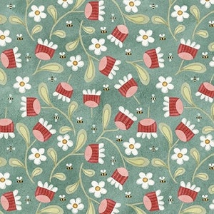 LAMINATED Cotton Fabric by the half yard Blooms and Bees By Blake Design, Coated Cotton AKA Oilcloth, Waterproof