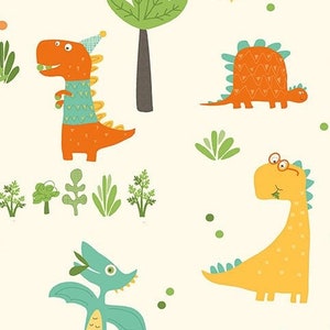 LAMINATED Cotton Fabric by the Yard by Riley Blake Designs, Dinosaurs, Eat Your Veggies, Coated Cotton AKA Oilcloth, Water Resistant