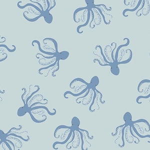 May include: A seamless pattern featuring a repeating design of blue octopuses on a light blue background.