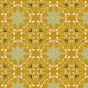 LAMINATED Cotton Fabric by the Half Yard by Riley Blake Designs, Gold Flowers, Coated Cotton AKA Oilcloth, Water Resistant