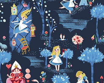 LAMINATED Cotton Fabric by the half yard Alice in Wonderland by Riley Blake Design, Coated Cotton AKA Oilcloth, Waterproof