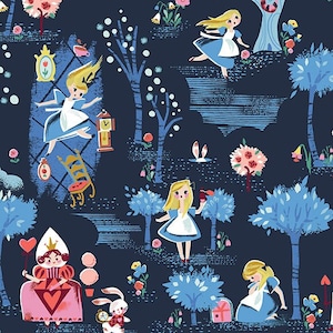 LAMINATED Cotton Fabric by the Yard Alice in Wonderland by Riley Blake Design, Coated Cotton AKA Oilcloth, Waterproof