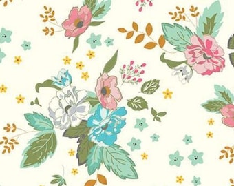 Floral Laminated Cotton Fabric, Blue Pink Flowers, Riley Blake (by the half yard)