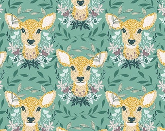Tejido de algodón laminado con estampado de ciervo, Riley Blake color verde espuma de mar, resistente al agua.