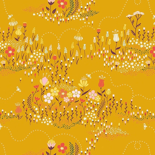 Tissu en coton LAMINÉ par cour par Riley Blake Designs, Honey Gold Gold Floral, Coated Cotton AKA Oilcloth Résistant à l’eau,