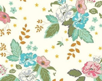 31"x42" LAMINATED Cotton Fabric by Riley Blake Designs, Vintage Pink and Blue Flowers, Coated Cotton, AKA Oilcloth  Waterproof