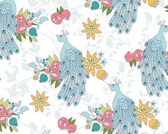 Tela de algodón laminada con estampado de pavo real, hule impermeable de Riley Blake.