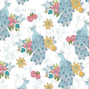LAMINATED Cotton Fabric by the Yard (Exclusive; Riley Blake Designs, &quot;Peacock Floral White&quot;)