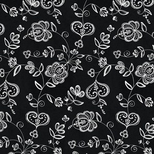 May include: A seamless pattern of white floral designs on a black background. The pattern features stylized flowers, leaves, and vines.