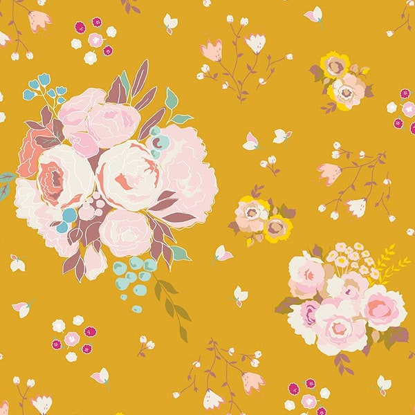 LAMINATED Cotton Fabric by the  Half Yard by  Riley Blake Designs, Pink Flower Bouquet Coated Cotton AKA Oilcloth Water Resistant