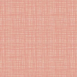 May include: A fabric with a woven design. The fabric has a light beige background with a grid pattern in a coral color. The image includes a ruler with inch measurements.