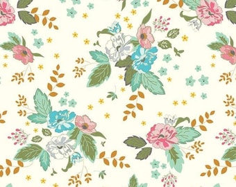 Floral Laminated Cotton Fabric, Pink and Blue Flowers, Riley Blake (Half Yard)
