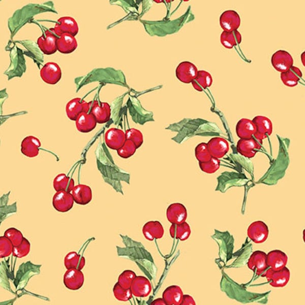 LAMINATED Cotton Fabric by the Yard by Riley Blake Designs, Cherry's in Yellow Background, Coated Cotton AKA Oilcloth, Waterproof