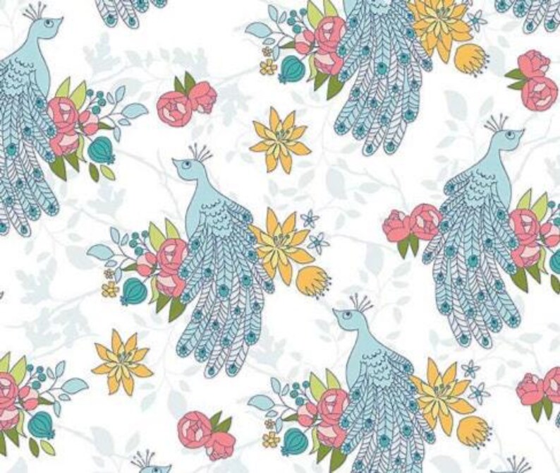 Peacocks Floral Laminated Cotton Fabric Riley Blake Designs, Waterproof Fabric (Yard) image 2