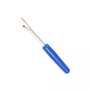 May include: A blue plastic-handled seam ripper with a silver metal blade and a red tip.
