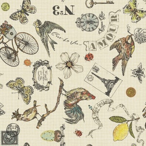Wide LAMINATED Cotton, French Memories - Chickens - Eiffel Tower - Waterproof coated cotton, AKA Oilcloth Food Safe and matte finish