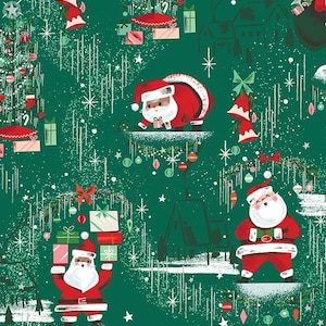 Tessuto di cotone LAMINATO, Babbo Natale vintage in cotone rivestito di Riley Blake Designs AKA Tela cerata, Sicuro per gli alimenti e sicuro per i bambini