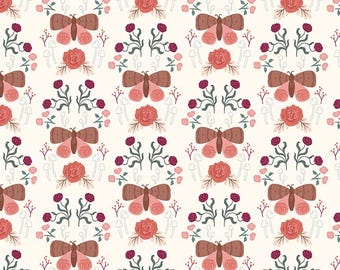 Laminated Cotton Fabric, Sweet Briar Moth and Mushroom Print, Waterproof