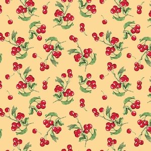 LAMINATED Cotton Fabric by the Half Yard by Riley Blake Designs, Cherry&#39;s in Yellow Background, Coated Cotton AKA Oilcloth, Waterproof