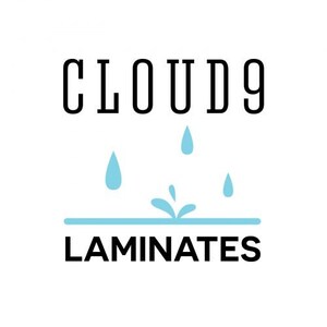 May include: A logo for Cloud9 Laminates, a company that makes water-resistant flooring. The logo features the company name in black text with a stylized image of water droplets falling onto a surface.