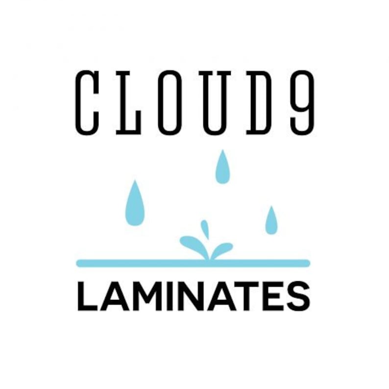 May include: A logo for Cloud9 Laminates, a company that makes water-resistant flooring. The logo features the company name in black text with a stylized image of water droplets falling onto a surface.