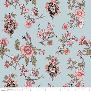 15&quot; x 20&quot; LAMINATED Cotton Fabric Jane Austen, AKA Oilcloth Waterproof Fabric,Blue Flowers, BPA Free, Food Safe