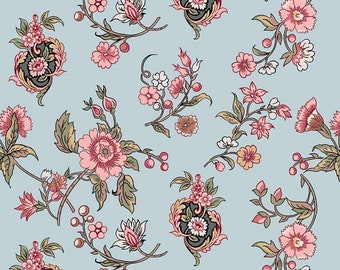Jane Austen Laminated Cotton Fabric, Blue Floral, Waterproof, BPA Free (15x20")
