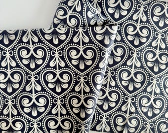 Be Mine Laminated Cotton Fabric, Navy Hearts, Waterproof Oilcloth (57 inch Wide)