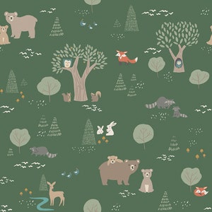 May include: A whimsical forest-themed pattern on a dark green background. The design features various woodland creatures such as bears, foxes, raccoons, rabbits, and owls, along with trees, birds, and mushrooms. The illustration has a playful, cartoonish style.