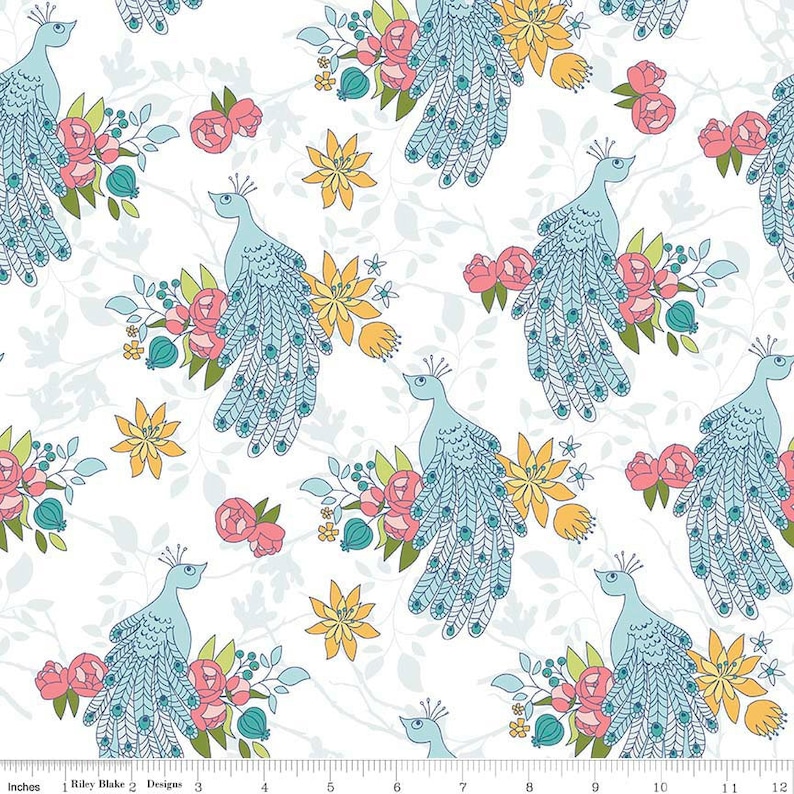 May include: A white background with a repeating pattern of blue peacocks with yellow, pink, and green flowers. The peacocks have blue and white feathers.