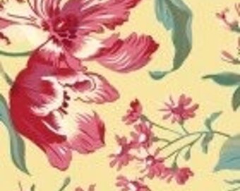 100% Cotton Fabric Raspberry & Cream by Clothworks, 44" wide, yellow background with large floral print