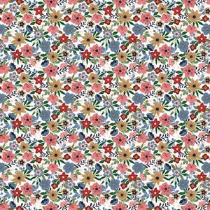 May include: A seamless floral pattern featuring a dense arrangement of flowers in various colors. The design includes red, pink, blue, and yellow flowers with green leaves on a white background. This pattern is suitable for fabric or wallpaper.