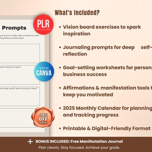 Vision board workbook pages including journaling prompts, manifestation exercises and goal setting worksheets, printable and digital vision board planner Canva template with PLR