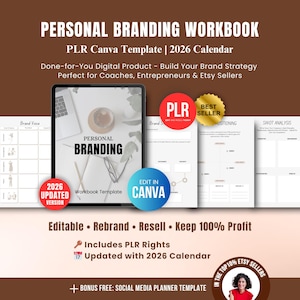 Caderno de exercícios de marca pessoal com direitos de autor (PLR), planejador de marca para pequenas empresas, modelo pronto para uso no Canva, calendário digital editável de 2026 para vendedor do Etsy.