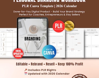 Personal branding werkmap met PLR, Small Business Branding Planner DFY Canva-sjabloon, 2026 kalender bewerkbare digitale download Etsy-verkoper